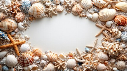Obraz premium Seashells and Starfish Summer Border Frame, Beach Ocean Decor