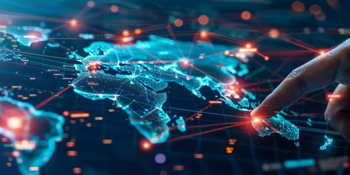 Finger interacts with a digital world map showing global network connections. - Powered by Adobe
