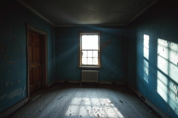 Abandoned Room with Peeling Blue Paint and Sunlight.generative AI
