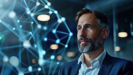 A thoughtful man in a suit gazes into a digital network, symbolizing innovation and technology in a modern workspace.