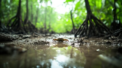 Fototapeta premium Mangrove Haven, vibrant ecosystem, crabs navigating mudflats, rich biodiversity, serene coastal landscape, lush greenery, dynamic habitat
