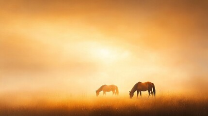 Serene Dawn in the Meadow with Wild Horses Grazing in Soft Golden Light