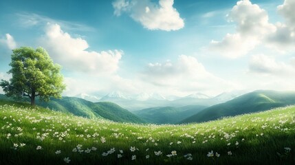 Vibrant meadow alive with wildflowers, playful rabbits, and serene rolling hills in the background, a perfect pastoral scene.