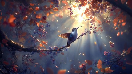 Fototapeta premium A hummingbird perched on a branch amidst vibrant foliage and soft sunlight.