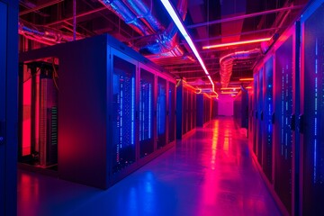 Illuminated server room with rows of data center racks.