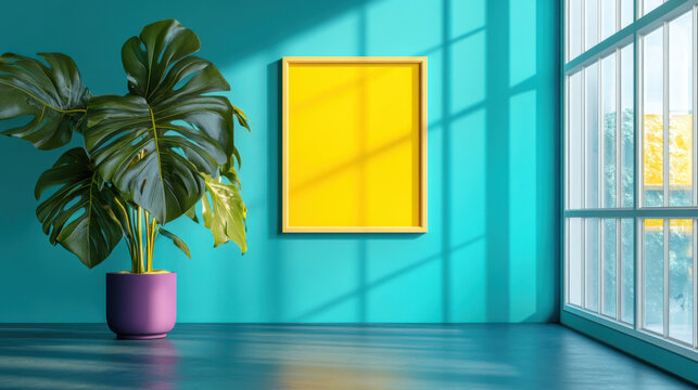 A bright teal interior space with soft matte walls, featuring a bold yellow decorative frame centered on the wall, a vibrant violet planter holding a large monstera plant in the corner. Large windows 