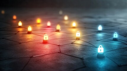 Vibrant network security grid, glowing nodes interconnected with lock symbols, showcasing digital protection and connectivity