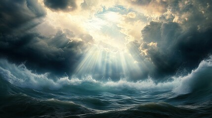 Obraz premium Dancing Sunlight on Ocean Waves, shimmering surface, gentle movement, warm rays penetrating deep blue water, tranquil and serene atmosphere