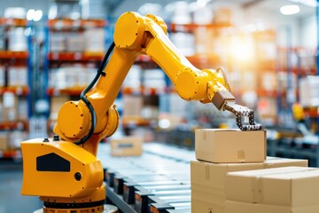 A robotic arm is handling packages in a modern warehouse, showcasing automation in logistics and efficient inventory management.