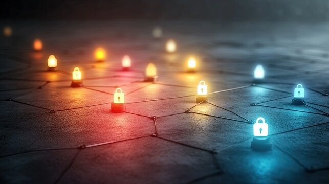 Vibrant network security grid, glowing nodes interconnected with lock symbols, showcasing digital protection and connectivity
