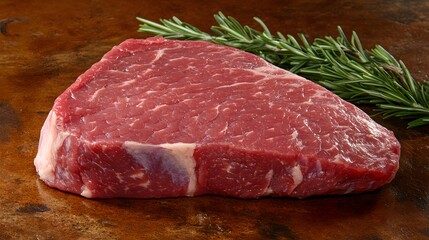 A single, raw beef steak rests on a dark brown wooden surface, adorned with a sprig of fresh rosemary. The marbling of the meat is clearly visible, showcasing its rich quality.