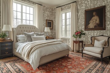 Playful bedroom with patterned wallpaper in white and grey, featuring armchair, nightstand, bed frame, floral rug, and decorative lamp, captured in natural daylight.