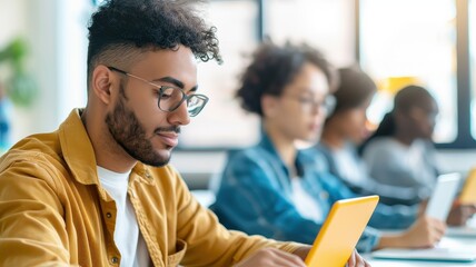 A focused student engages with a tablet in a collaborative learning environment, surrounded by peers in a modern classroom setting.
