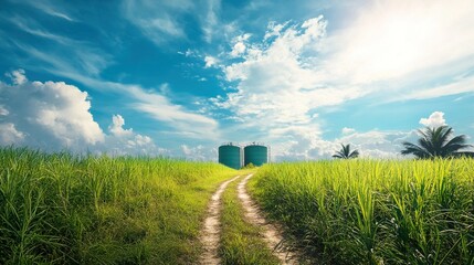 Obraz premium Renewable energy biofuel tanks amidst lush greenery, showcasing sustainable technology in harmony with nature