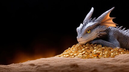 Obraz premium A dragon resting on a pile of gold coins in a dark setting.