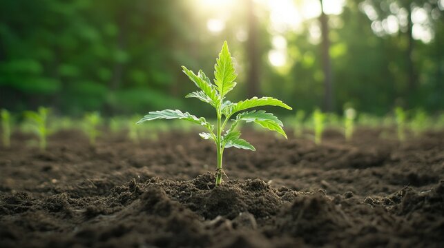 Rejuvenated woodland, orderly young saplings nurtured for sustainability, vibrant ecosystem restoration, hopeful environmental stewardship