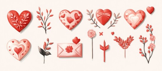 Watercolor Valentine's Day hearts, flowers, and love letter design elements.