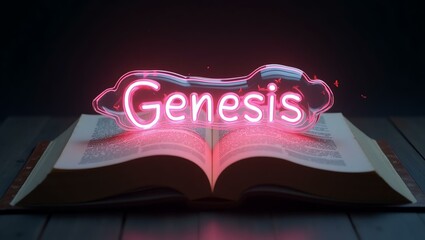 The word genesis floats gracefully a couple of inches above the open pages of an ancient Bible, as though it is levitating in mid-air.