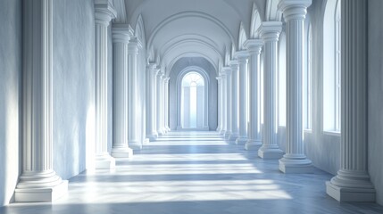 Sunlit classical colonnade hallway interior. (1)