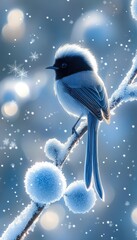 A delicate bird perched on a frosty branch amidst falling snowflakes.