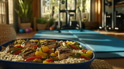 Fototapeta premium Grilled chicken and vegetable medley served over quinoa. A healthy post-workout meal in a bright gym setting.