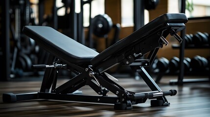 A black adjustable weight bench sits in a gym. The bench is made of metal and has a padded seat. It is in the foreground of the image. The background is blurry but shows other gym equipment.
