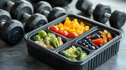 Healthy meal prep in a black container with grilled chicken, broccoli, peppers, and blueberries. Dumbbells in the background emphasize fitness and nutrition.