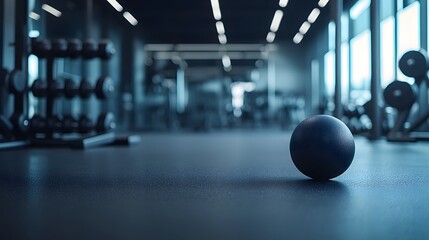 A dark blue medicine ball rests on the floor of a modern, dimly lit gym. Dumbbells and other workout equipment are blurred in the background, creating a sense of depth and focus on the ball.