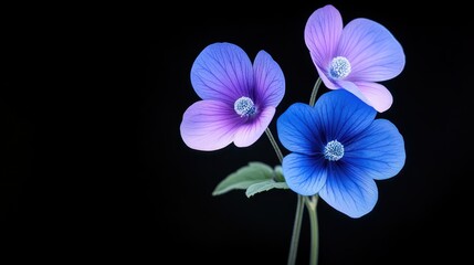 Three vibrant flowers with purple and blue petals against a black background.