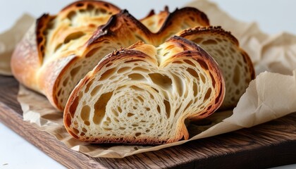 Fototapeta premium Freshly Baked Herbed Fougasse Bread with Golden Crust and Soft Interior on Wooden Board
