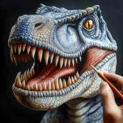 Obraz premium A detailed sculpture of a dinosaur head being painted, showcasing artistic skill and creativity.