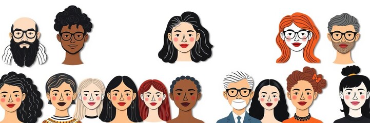 Abstract modern portraits of fashionable individuals in paper cut mosaic style, avatars, fashion