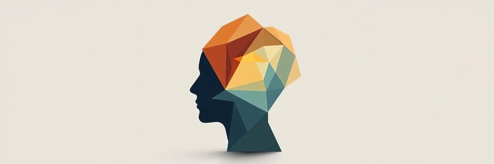 Abstract geometric shapes and modern architecture fill the silhouette of a head, representing the inner world thinking process in psychotherapy concept, psychologic, abstract