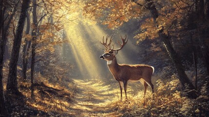 A large Whitetail Deer buck stands in a spotlight of sun in the woods early one morning