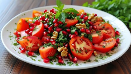 Fresh Chopped Salad with Tomatoes, Pomegranate Seeds, and Green Herbs on Plate