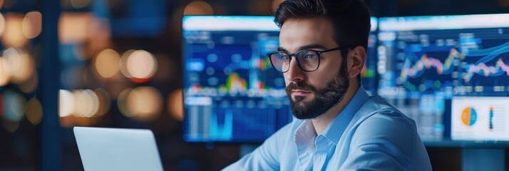 A focused professional analyzes data on multiple screens, depicting a modern workspace dedicated to finance or technology.