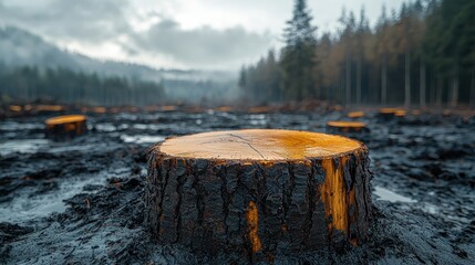 Stumps in a deforested area under cloudy skies.