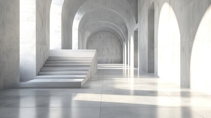 Fototapeta premium Sunlit minimalist concrete hallway with stairs.