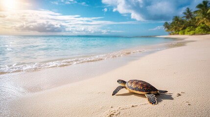 Obraz premium Tropical paradise, serene sandy beaches, sea turtles nesting, vibrant ocean, lush greenery, peaceful coastal environment, nature's sanctuary