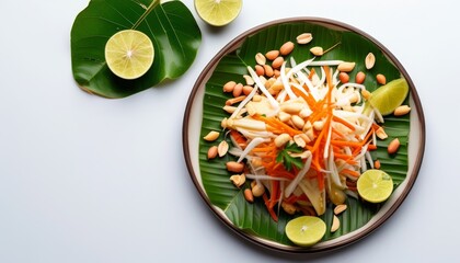 Colorful Papaya Salad with Fresh Ingredients and Lime Slices on a Tropical Leaf Plate
