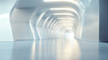 Futuristic white corridor with glowing lights and reflective floor.