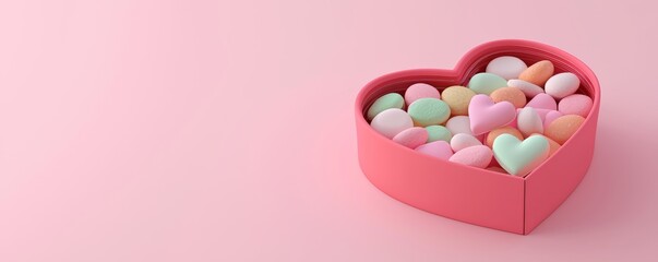 Joy of gifting with sweets in a heart shape box. Colorful heart-shaped candy in a pink box on a pastel background.