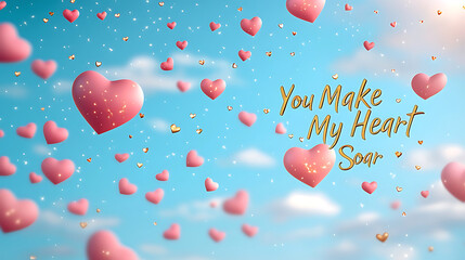 Fototapeta premium You make my heart soar with floating pink hearts against blue sky
