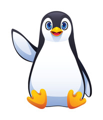 Cute friendly penguin waving while sitting. Vector cartoon character illustration