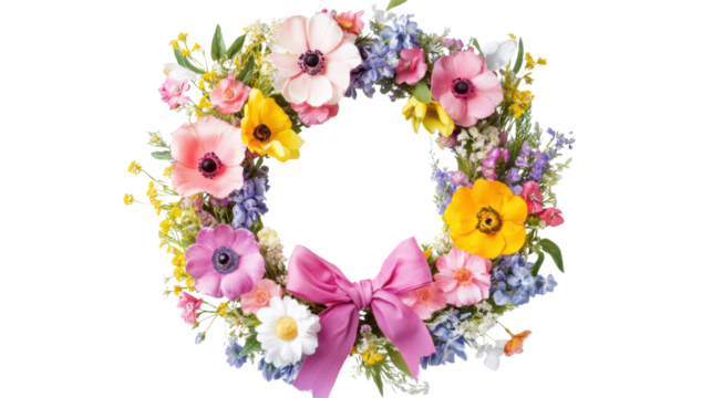 Wreath of colorful spring flower transparent background