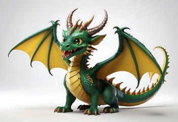 Fototapeta premium Cute Cartoon Dragon in Green and Gold with White Background. Generative AI