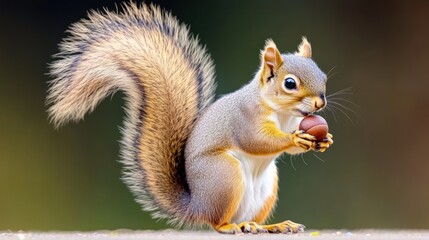 A squirrel holding an acorn with a fluffy tail in a natural setting.