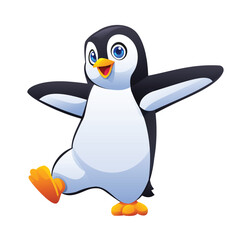 Cheerful penguin dancing joyfully with arms wide open. Vector cartoon character illustration