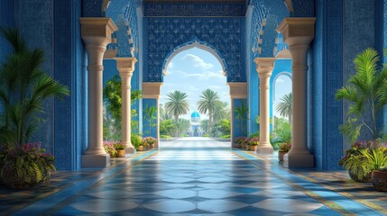 Fototapeta premium Serene Blue Palace Corridor: A Vision of Tranquility