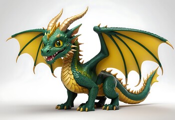 Obraz premium Cute Cartoon Dragon in Green and Gold with White Background. Generative AI